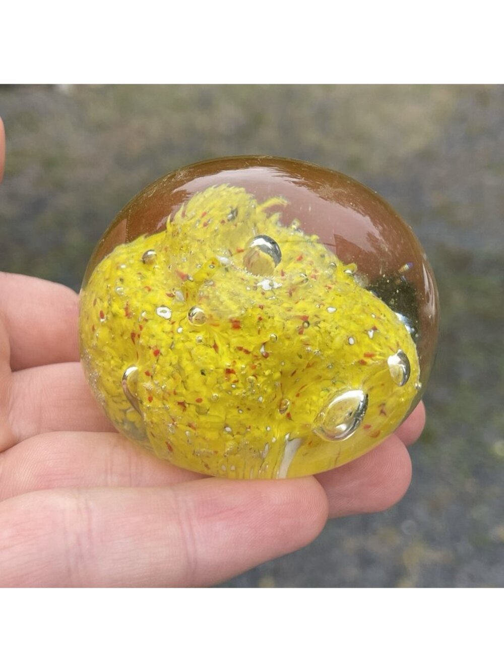 Vintage Abstract Blown Yellow Confetti in Clear Art Glass Paperweight Ornament